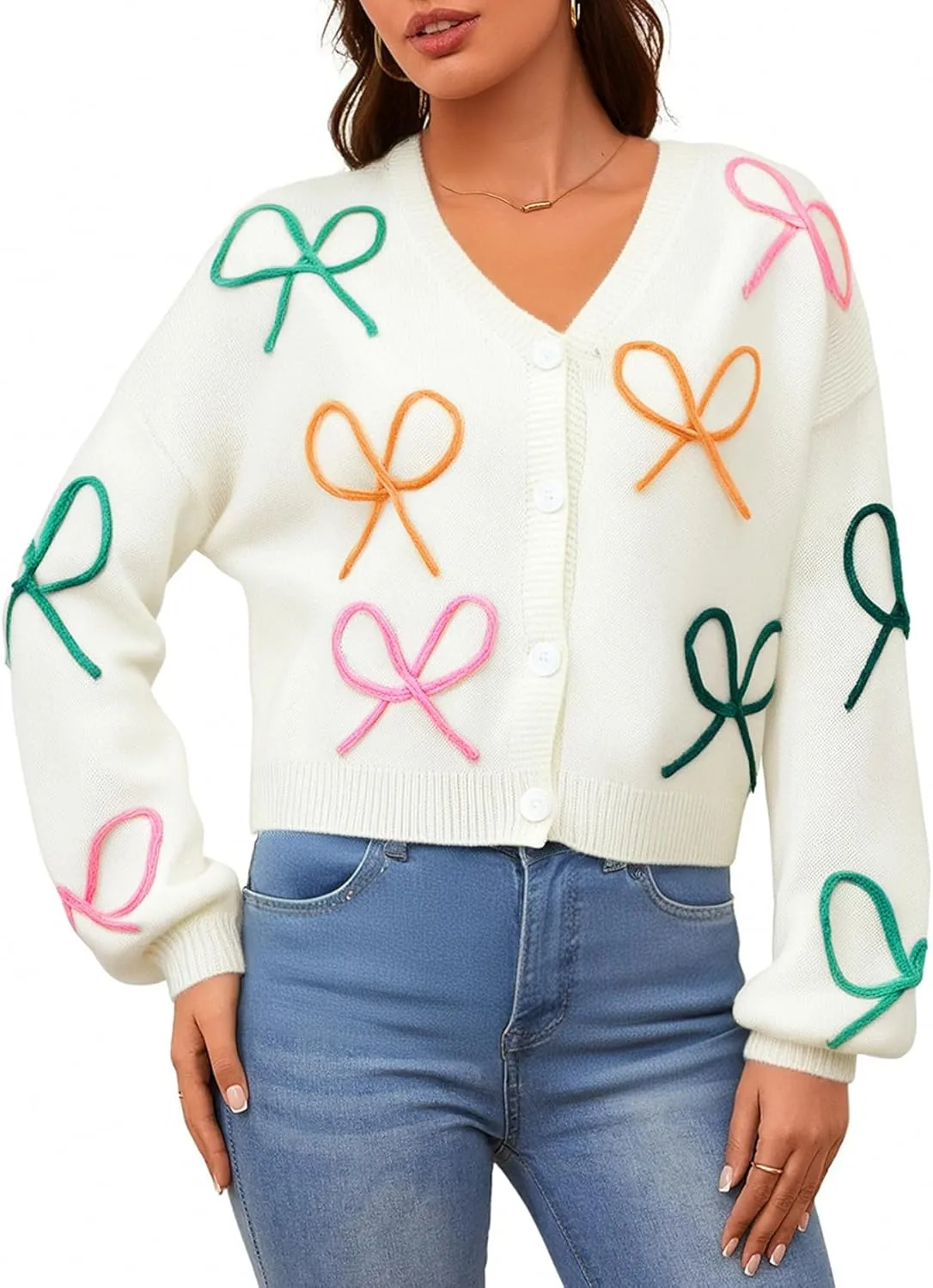 GORGLITTER Women's Bow Button Up Cardigan Sweater V Neck Long Sleeve Oversized Fall Cardigans