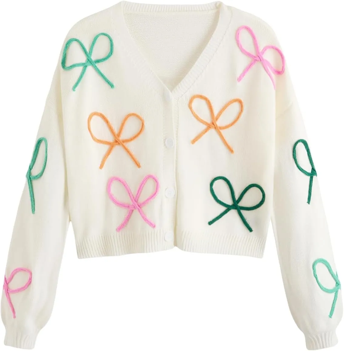 GORGLITTER Women's Bow Button Up Cardigan Sweater V Neck Long Sleeve Oversized Fall Cardigans