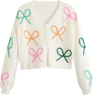 GORGLITTER Women's Bow Button Up Cardigan Sweater V Neck Long Sleeve Oversized Fall Cardigans