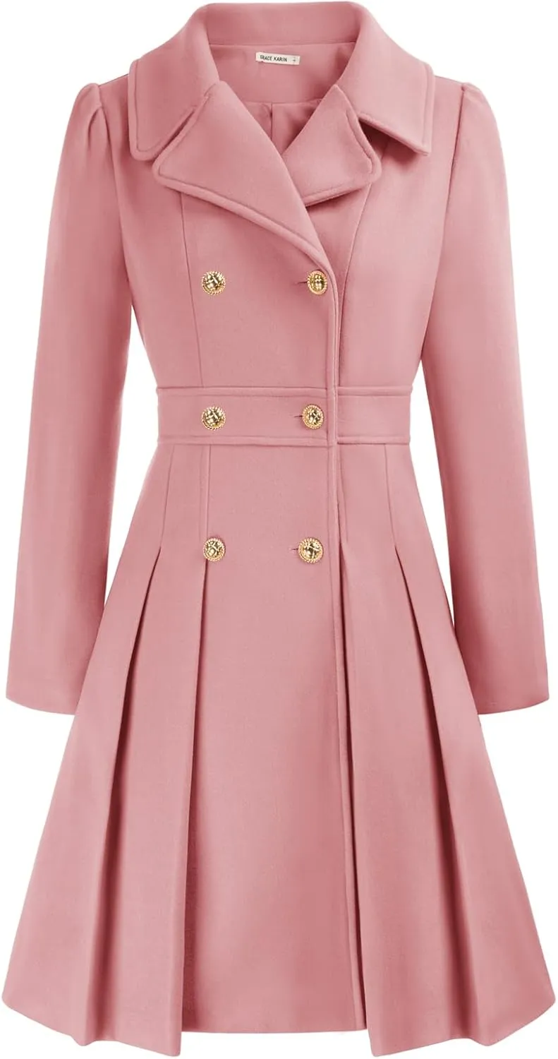 GRACE KARIN 2024 Women's Fashion Trench Coat Notch Lapel Double Breasted Thick A Line Pea Coats Jacket with Pockets(S-2XL)