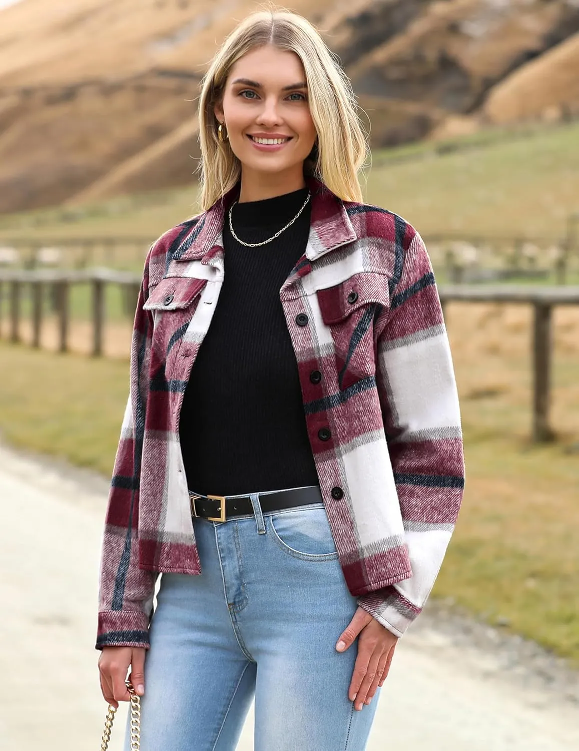HOTOUCH Womens Flannels Fall Cropped Shacket Plaid Jacket Long Sleeve Button Down Coat 2024 Fall Fashion Trendy Outfits