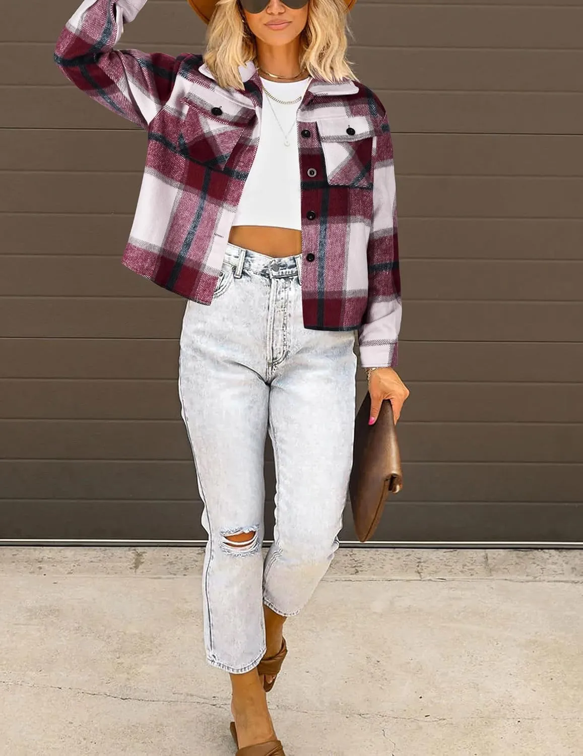 HOTOUCH Womens Flannels Fall Cropped Shacket Plaid Jacket Long Sleeve Button Down Coat 2024 Fall Fashion Trendy Outfits