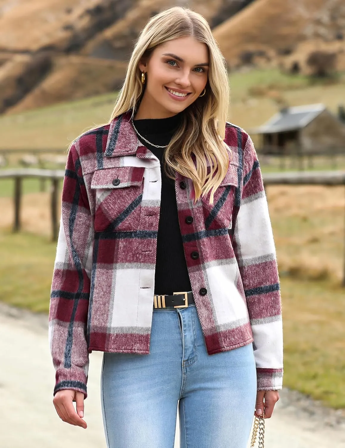 HOTOUCH Womens Flannels Fall Cropped Shacket Plaid Jacket Long Sleeve Button Down Coat 2024 Fall Fashion Trendy Outfits