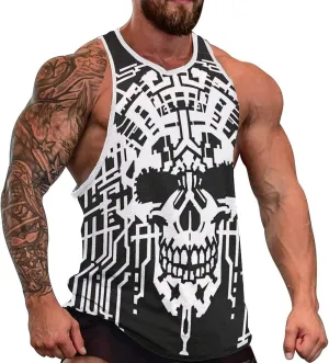 HOTYD Mens Cotton Tank Tops Skull Graphic Stringer Tops Casual Summer Cutoff T-Shirts Moisture Wicking Work Out Tops