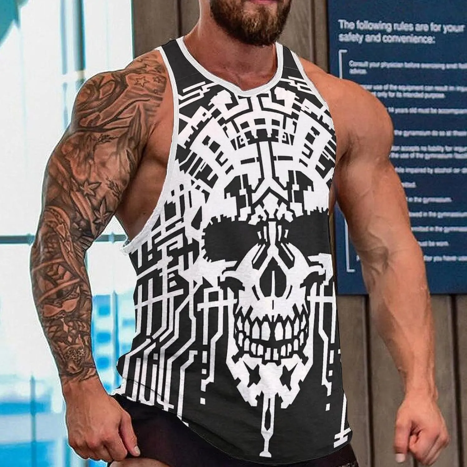 HOTYD Mens Cotton Tank Tops Skull Graphic Stringer Tops Casual Summer Cutoff T-Shirts Moisture Wicking Work Out Tops