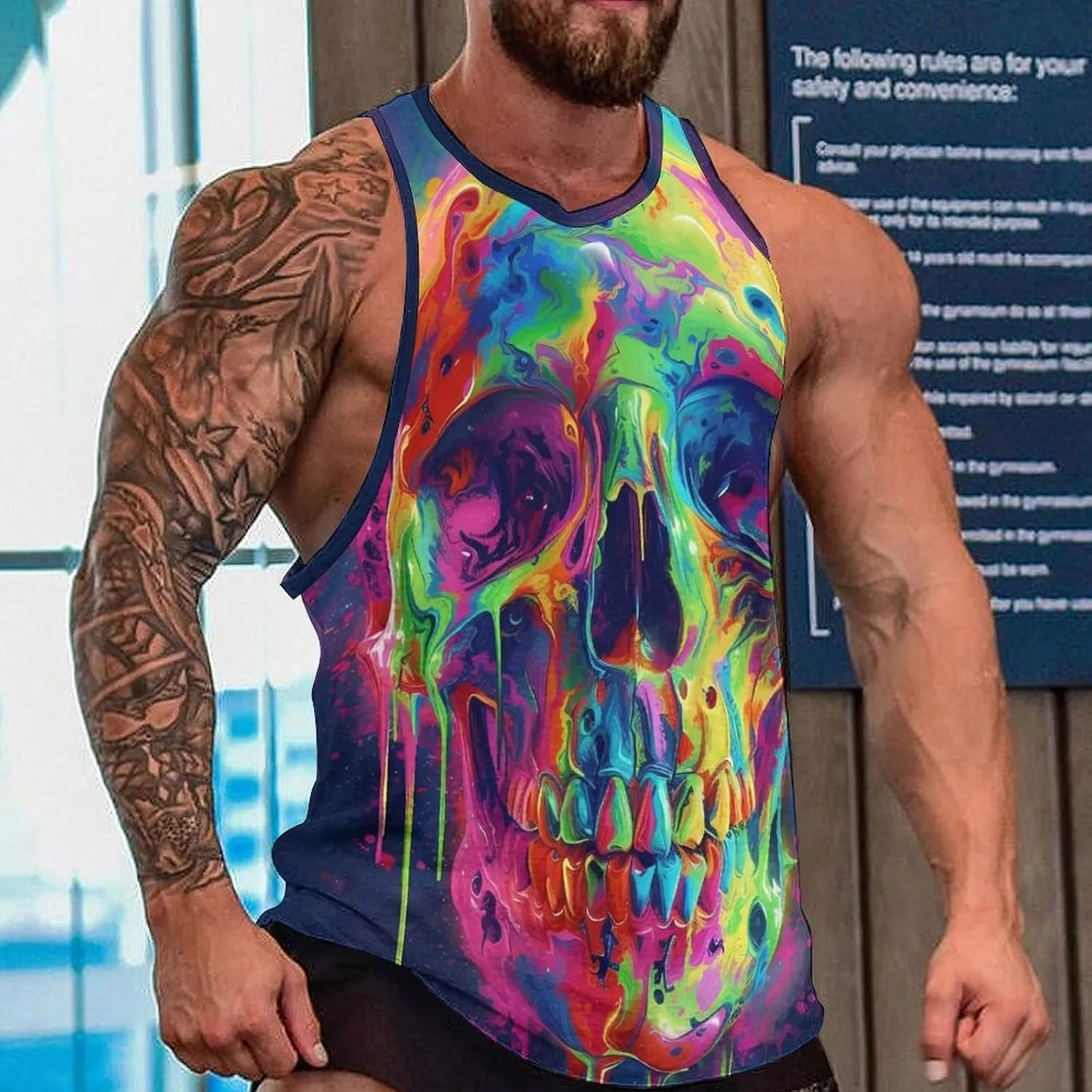 HOTYD Mens Cotton Tank Tops Skull Graphic Stringer Tops Casual Summer Cutoff T-Shirts Moisture Wicking Work Out Tops