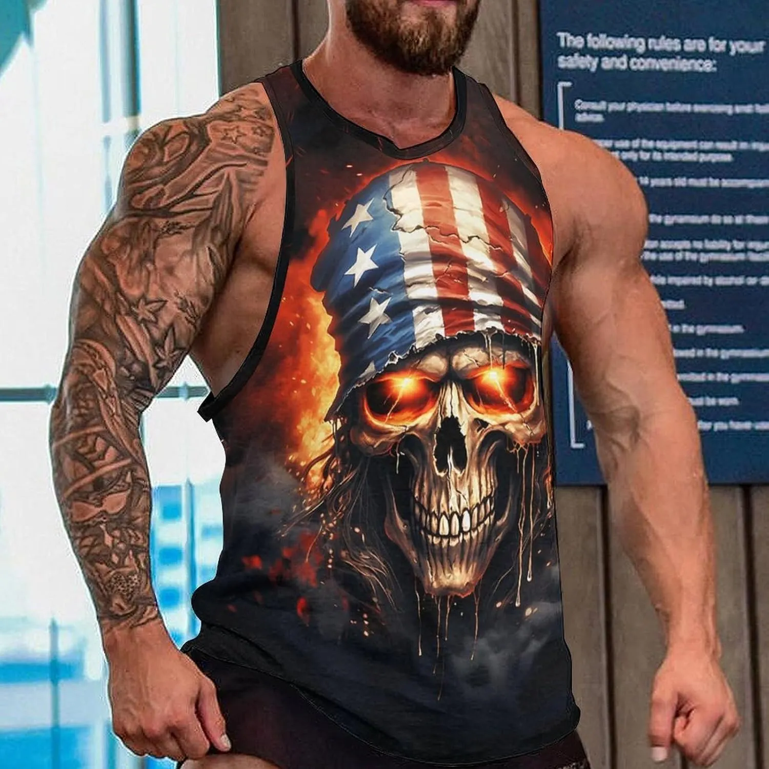 HOTYD Mens Cotton Tank Tops Skull Graphic Stringer Tops Casual Summer Cutoff T-Shirts Moisture Wicking Work Out Tops