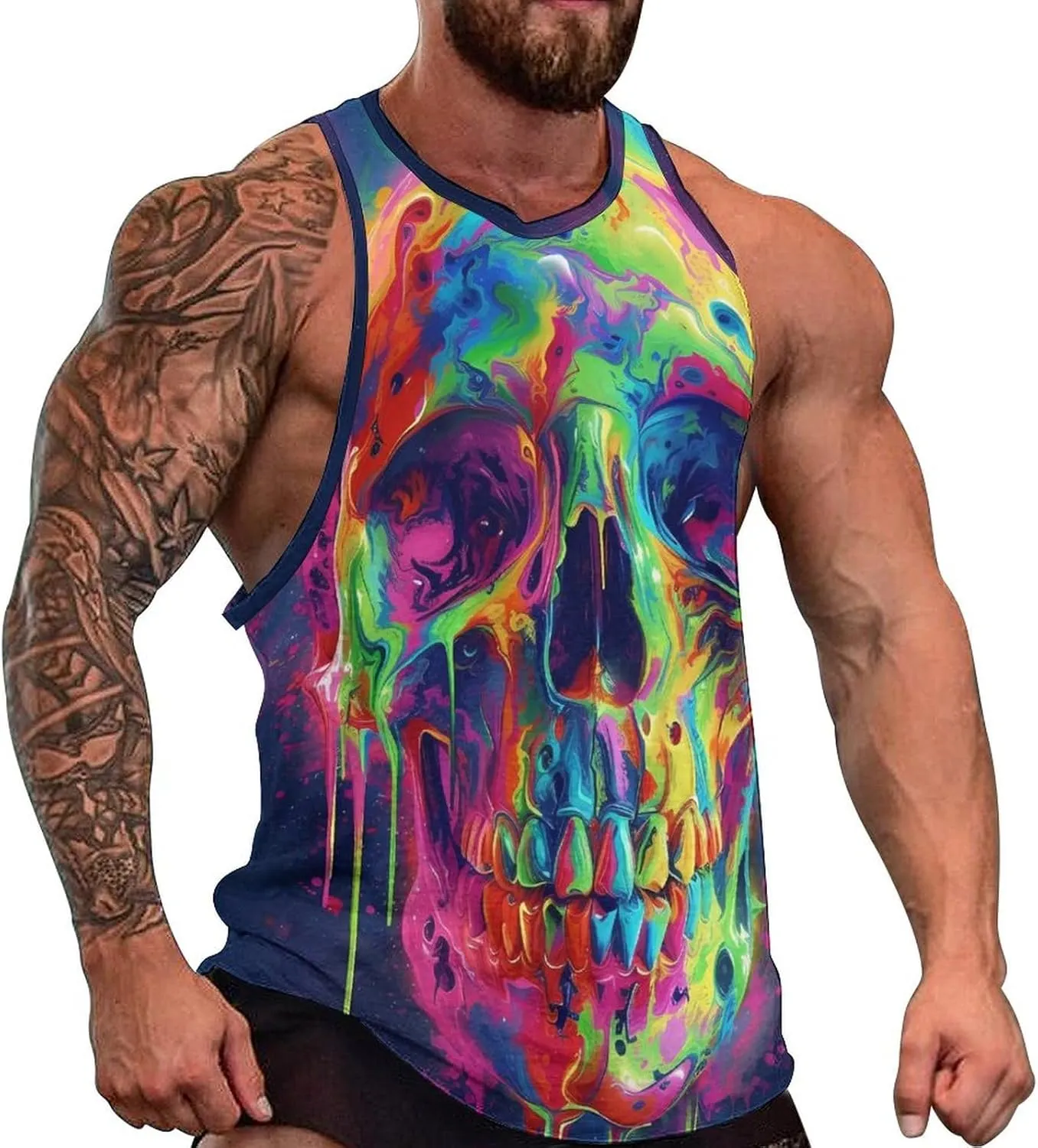 HOTYD Mens Cotton Tank Tops Skull Graphic Stringer Tops Casual Summer Cutoff T-Shirts Moisture Wicking Work Out Tops