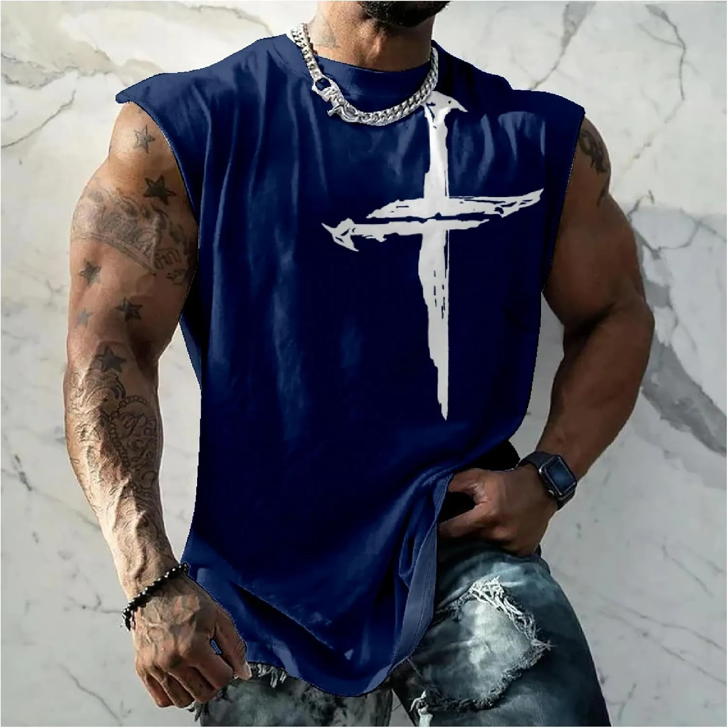 HOTYD Mens Jesus Cross Print Tank Tops Faith Christian Retro Graphic Shirts Moisture Wicking Sleeveless Gym Workout Tops