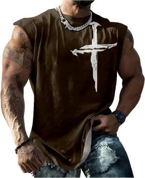 HOTYD Mens Jesus Cross Print Tank Tops Faith Christian Retro Graphic Shirts Moisture Wicking Sleeveless Gym Workout Tops