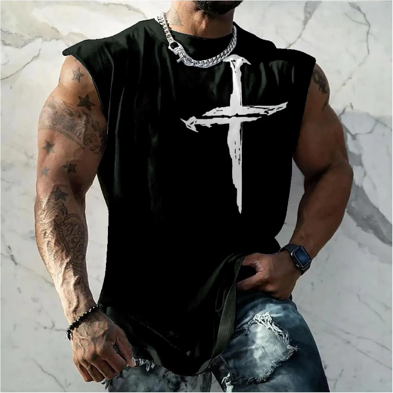 HOTYD Mens Jesus Cross Print Tank Tops Faith Christian Retro Graphic Shirts Moisture Wicking Sleeveless Gym Workout Tops