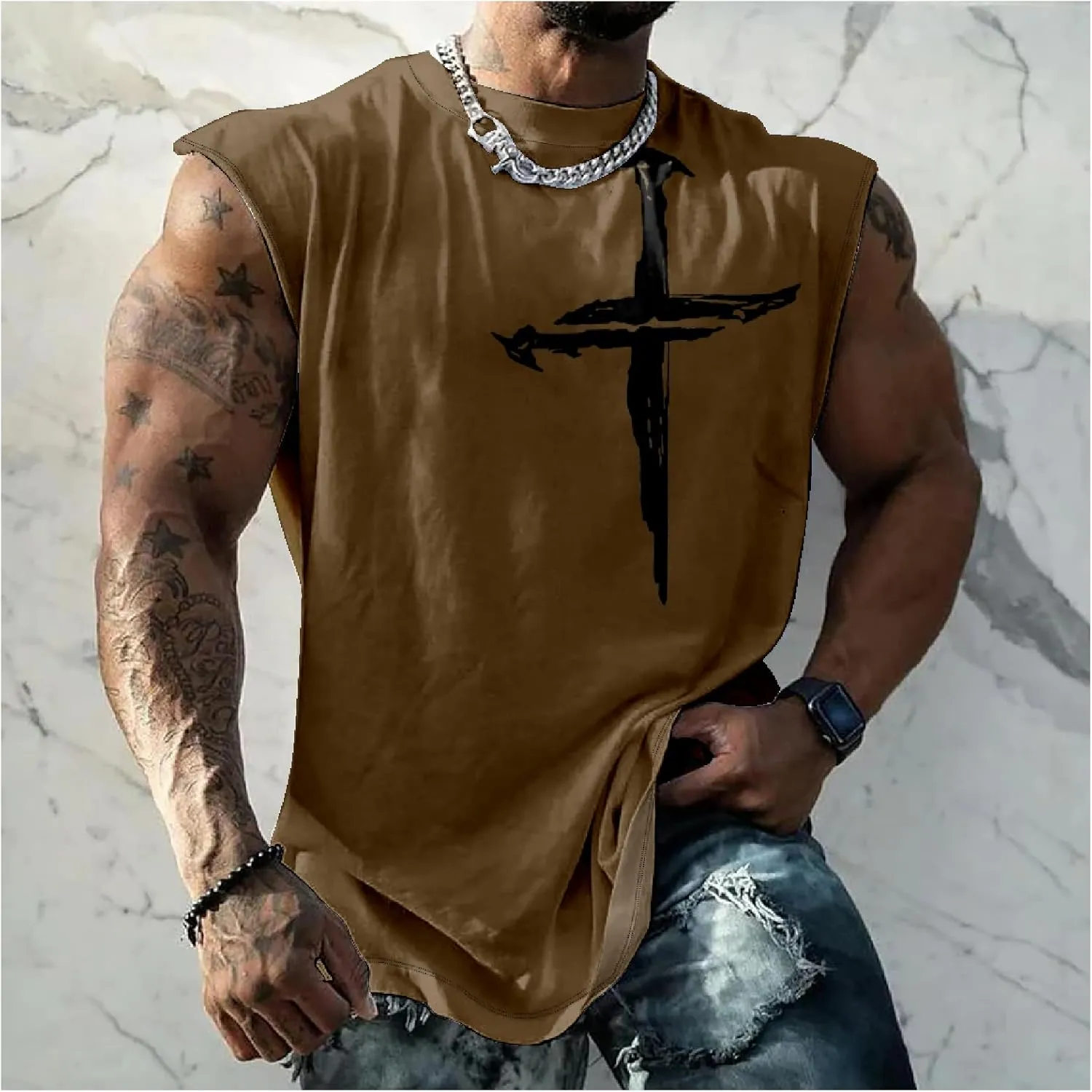 HOTYD Mens Jesus Cross Print Tank Tops Faith Christian Retro Graphic Shirts Moisture Wicking Sleeveless Gym Workout Tops