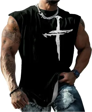 HOTYD Mens Jesus Cross Print Tank Tops Faith Christian Retro Graphic Shirts Moisture Wicking Sleeveless Gym Workout Tops