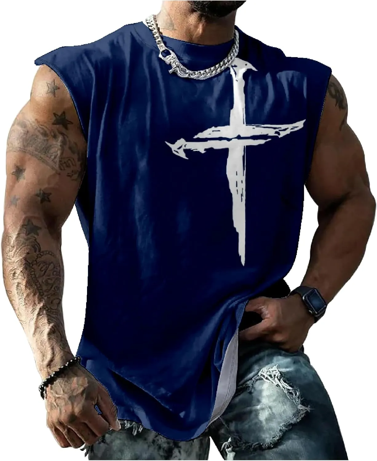 HOTYD Mens Jesus Cross Print Tank Tops Faith Christian Retro Graphic Shirts Moisture Wicking Sleeveless Gym Workout Tops