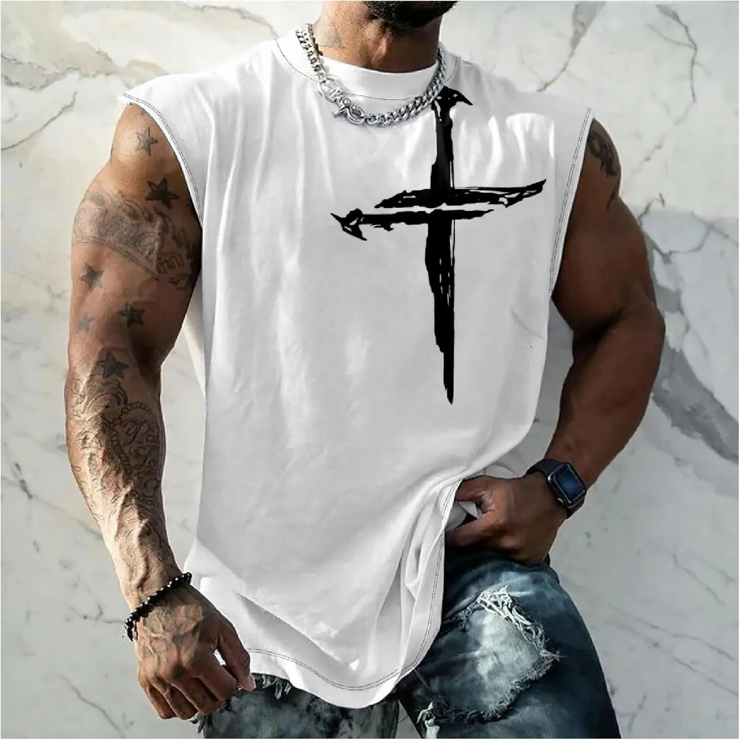 HOTYD Mens Jesus Cross Print Tank Tops Faith Christian Retro Graphic Shirts Moisture Wicking Sleeveless Gym Workout Tops