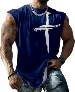 HOTYD Mens Jesus Cross Print Tank Tops Faith Christian Retro Graphic Shirts Moisture Wicking Sleeveless Gym Workout Tops
