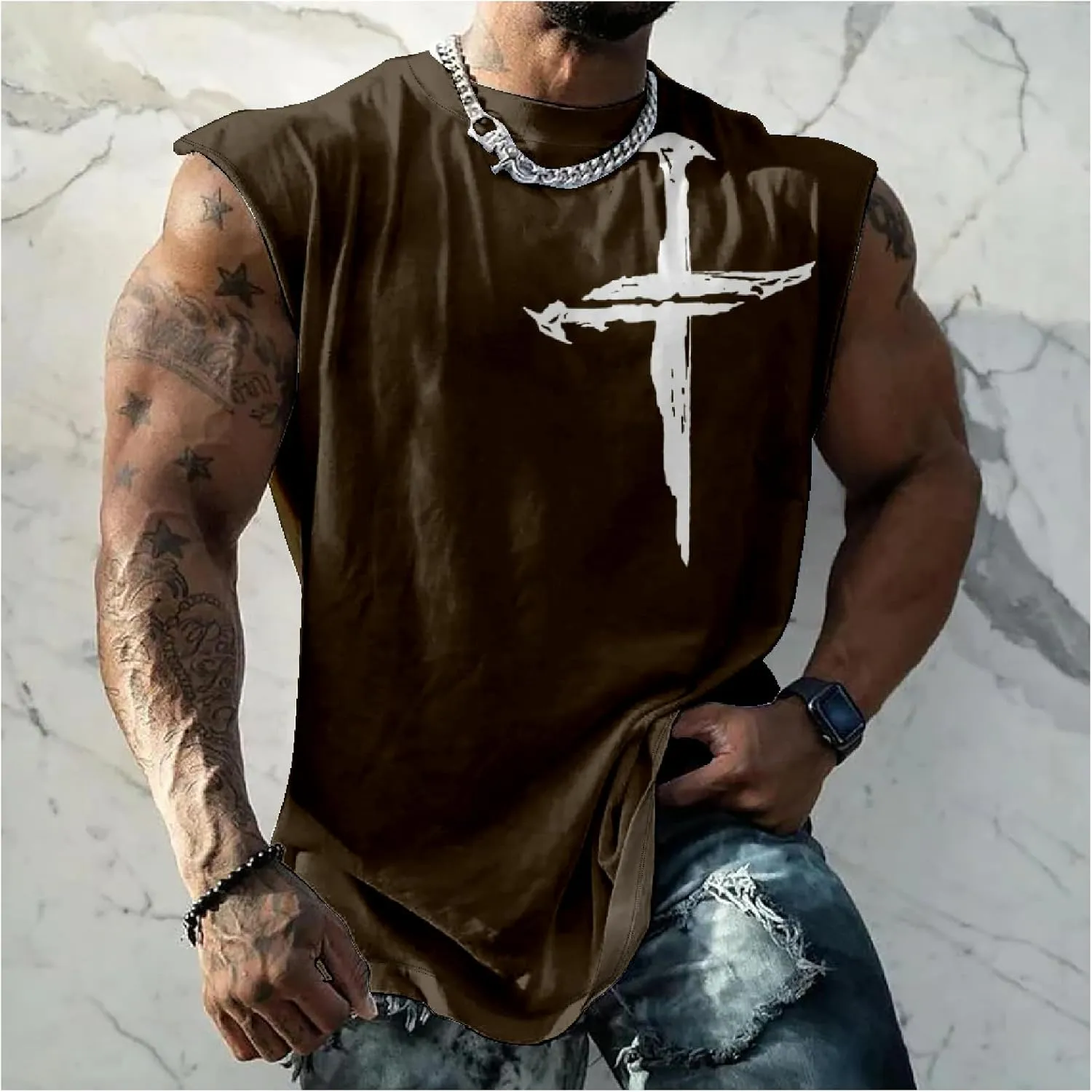 HOTYD Mens Jesus Cross Print Tank Tops Faith Christian Retro Graphic Shirts Moisture Wicking Sleeveless Gym Workout Tops