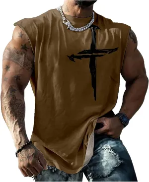 HOTYD Mens Jesus Cross Print Tank Tops Faith Christian Retro Graphic Shirts Moisture Wicking Sleeveless Gym Workout Tops