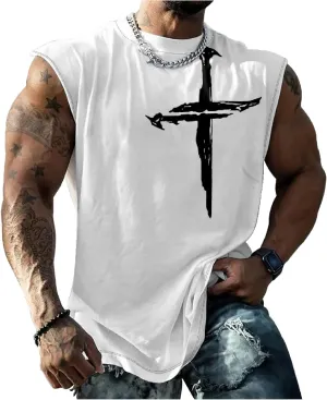 HOTYD Mens Jesus Cross Print Tank Tops Faith Christian Retro Graphic Shirts Moisture Wicking Sleeveless Gym Workout Tops