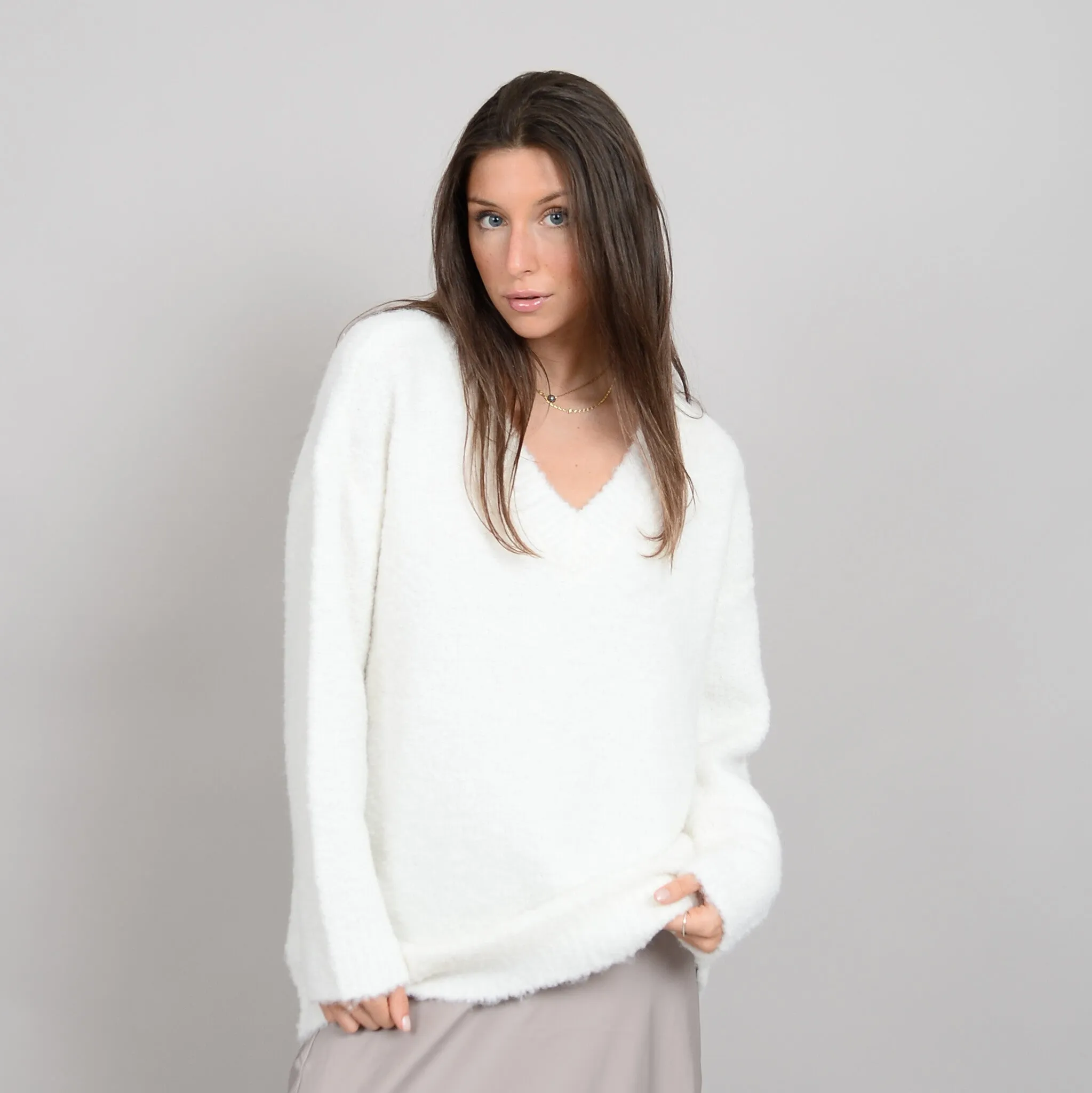 Hripsime Long Sleeve V-Neck Pull-Over | Winter White
