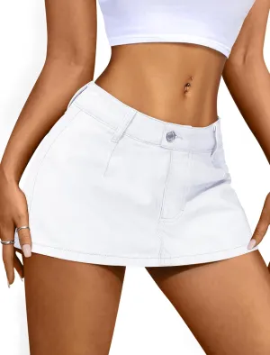 IWD Denim Mini Skirt for Women Low Waisted Jean Micro Skort with Shorts Stretch Casual Jean Skirt