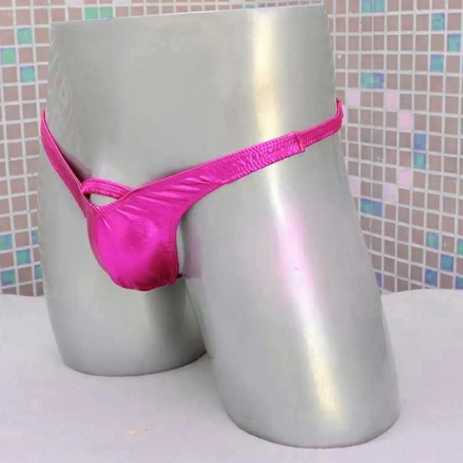 JEsilunmaMY Hollow Pouch G-String for Men Low Rise Cutout Shiny Leather Thongs Underwear Solid Color Stretch Panties Briefs