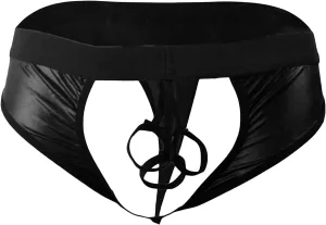 JEsilunmaMY Mens Hollow Leather Briefs Mid Waist Cutout Athletic Supporter Underwear Sexy Erotic Lingerie Open Front Panties
