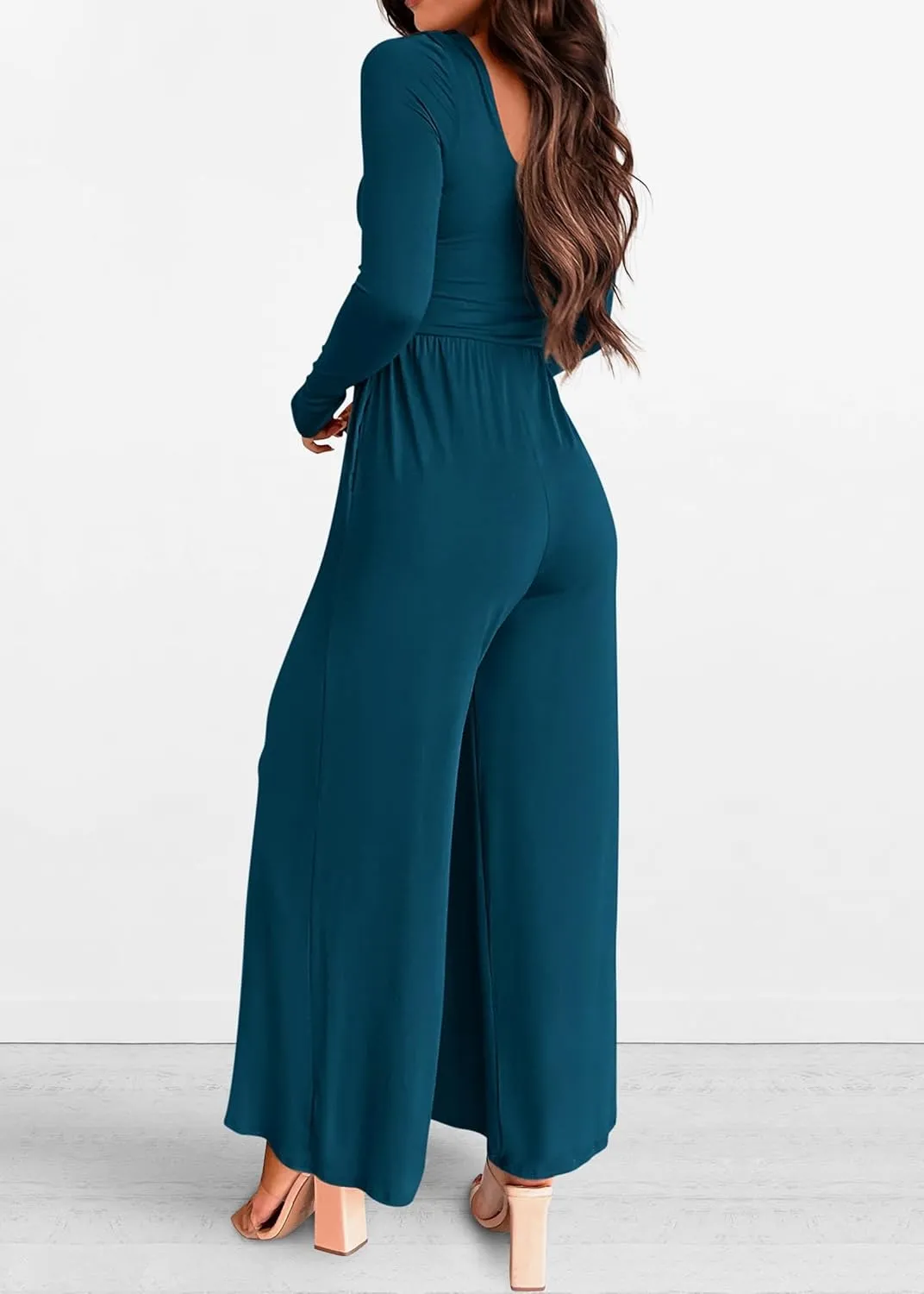 KIRUNDO Women's 2025 Spring Fashion Long Sleeve Wide Leg Jumpsuits Casual Dressy One Piece Square Neck Long Romper Pockets
