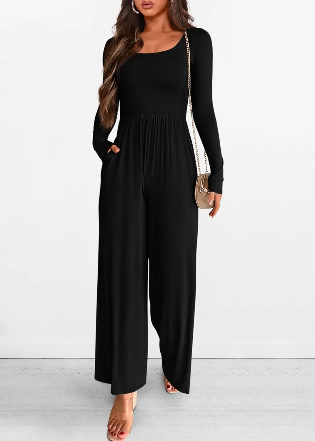 KIRUNDO Women's 2025 Spring Fashion Long Sleeve Wide Leg Jumpsuits Casual Dressy One Piece Square Neck Long Romper Pockets