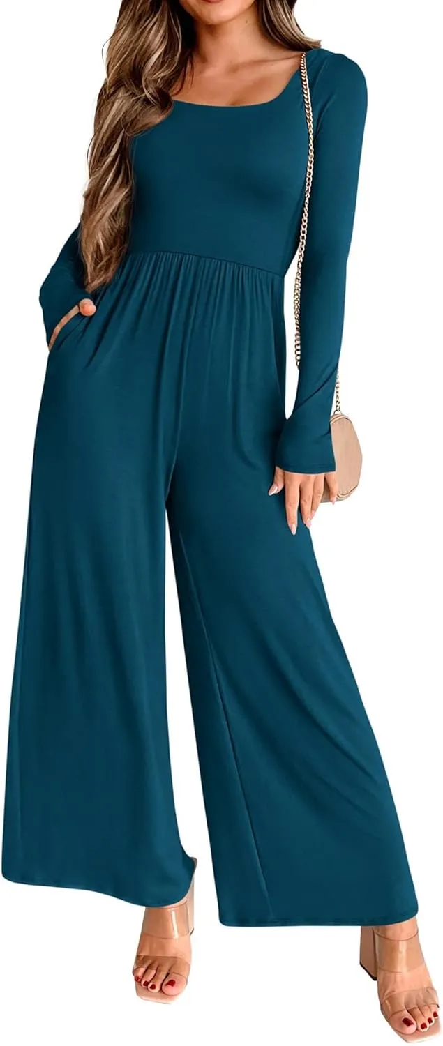KIRUNDO Women's 2025 Spring Fashion Long Sleeve Wide Leg Jumpsuits Casual Dressy One Piece Square Neck Long Romper Pockets