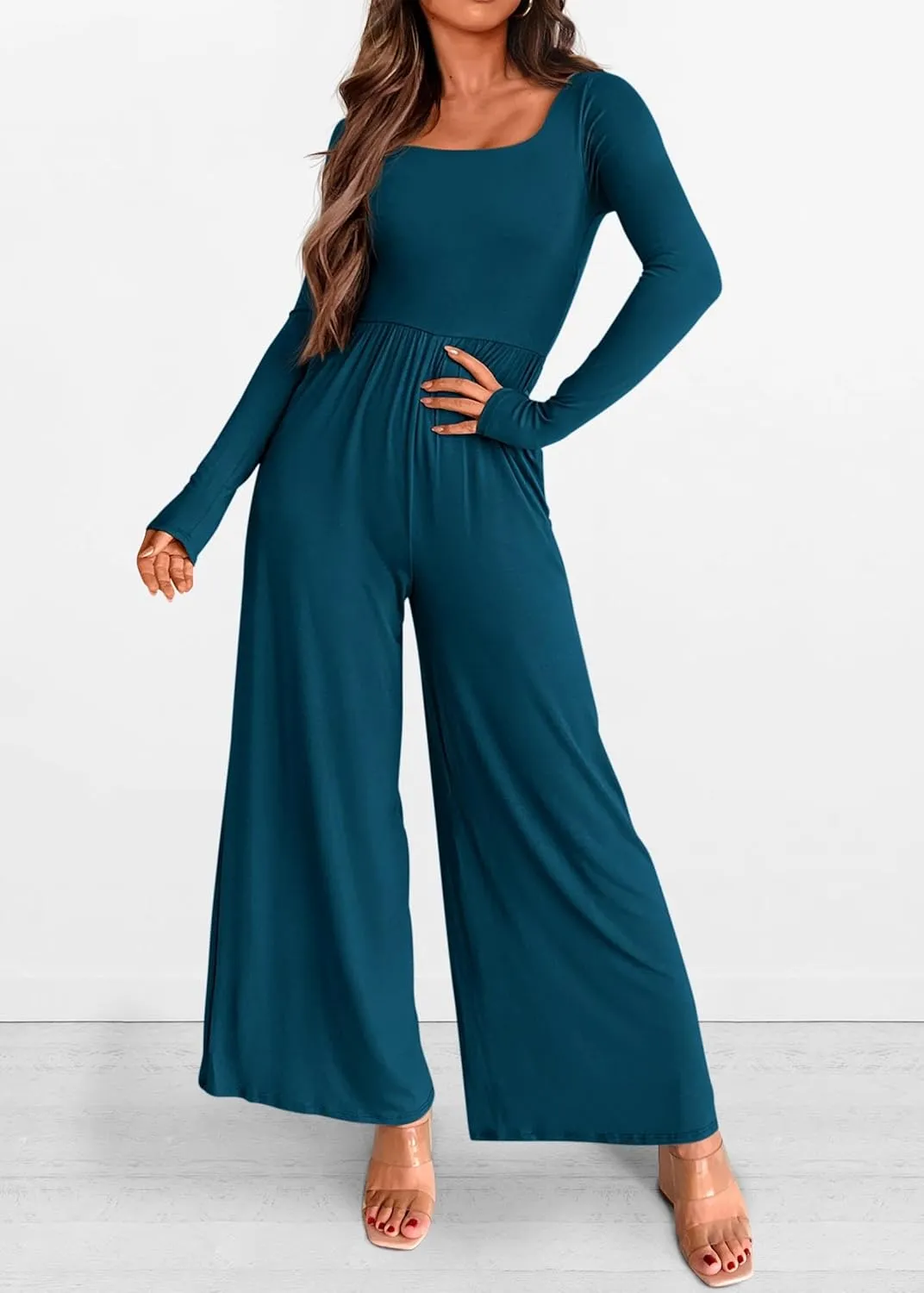KIRUNDO Women's 2025 Spring Fashion Long Sleeve Wide Leg Jumpsuits Casual Dressy One Piece Square Neck Long Romper Pockets