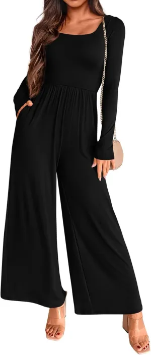 KIRUNDO Women's 2025 Spring Fashion Long Sleeve Wide Leg Jumpsuits Casual Dressy One Piece Square Neck Long Romper Pockets