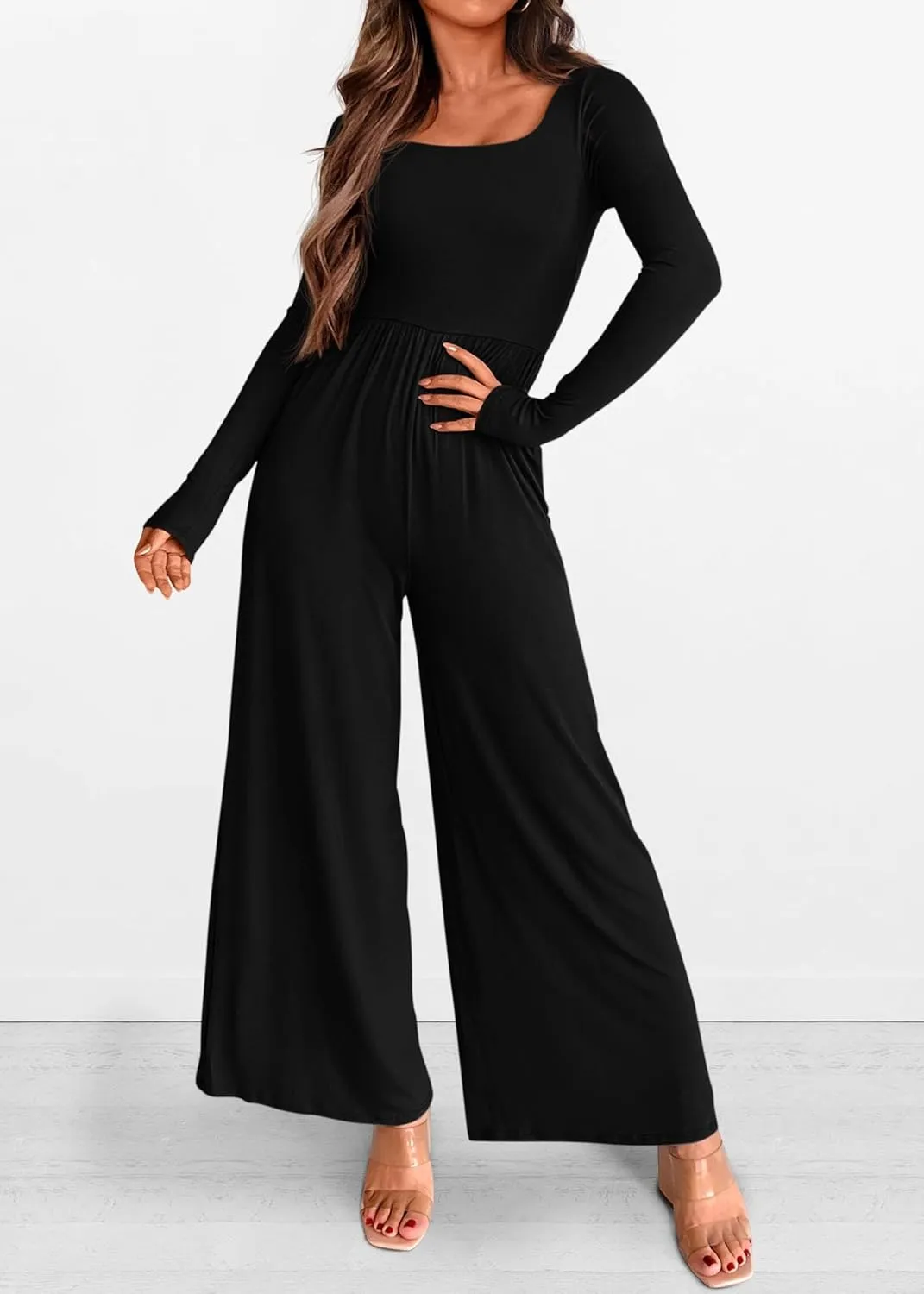 KIRUNDO Women's 2025 Spring Fashion Long Sleeve Wide Leg Jumpsuits Casual Dressy One Piece Square Neck Long Romper Pockets