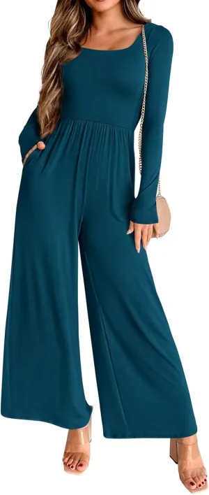 KIRUNDO Women's 2025 Spring Fashion Long Sleeve Wide Leg Jumpsuits Casual Dressy One Piece Square Neck Long Romper Pockets