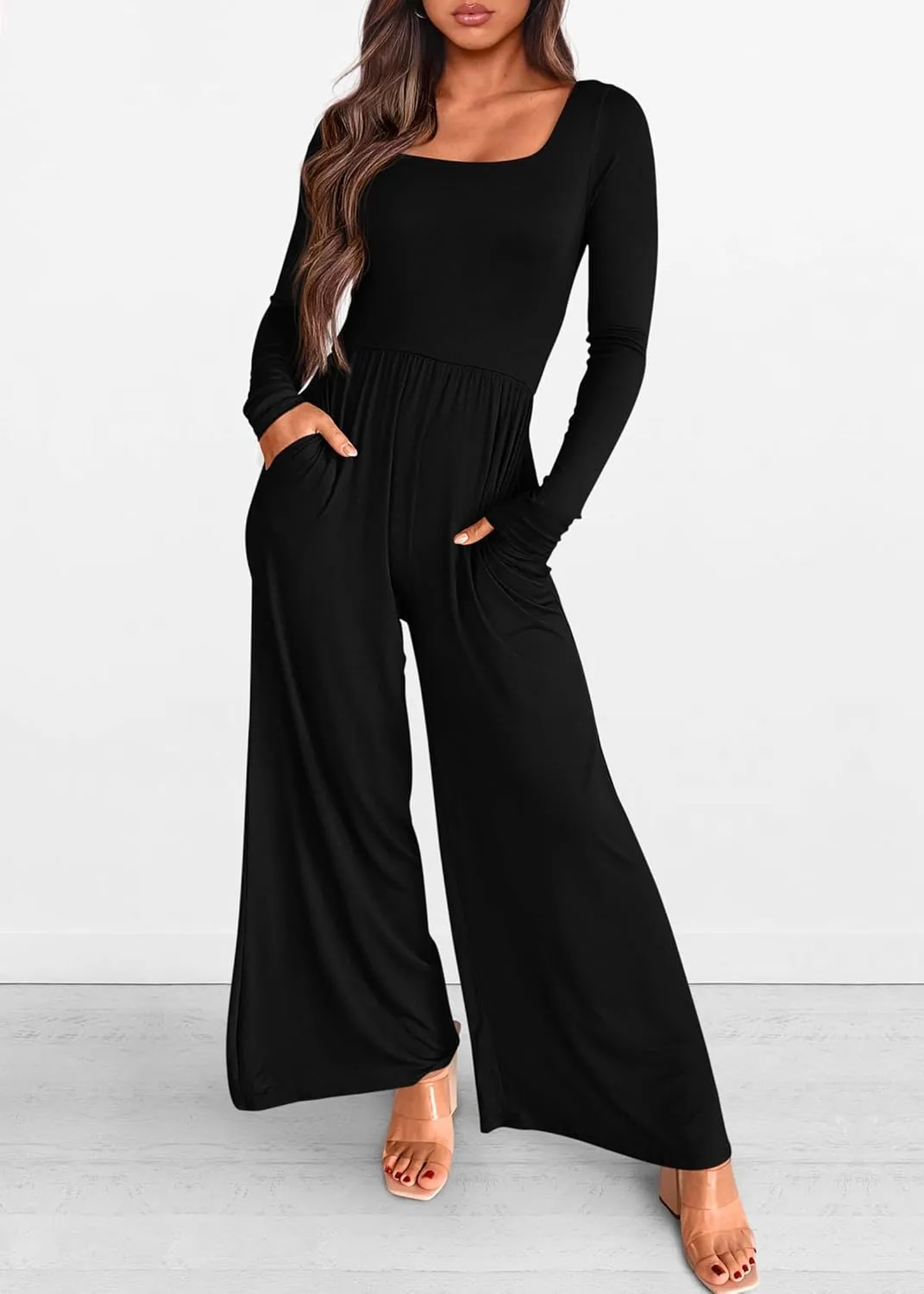 KIRUNDO Women's 2025 Spring Fashion Long Sleeve Wide Leg Jumpsuits Casual Dressy One Piece Square Neck Long Romper Pockets