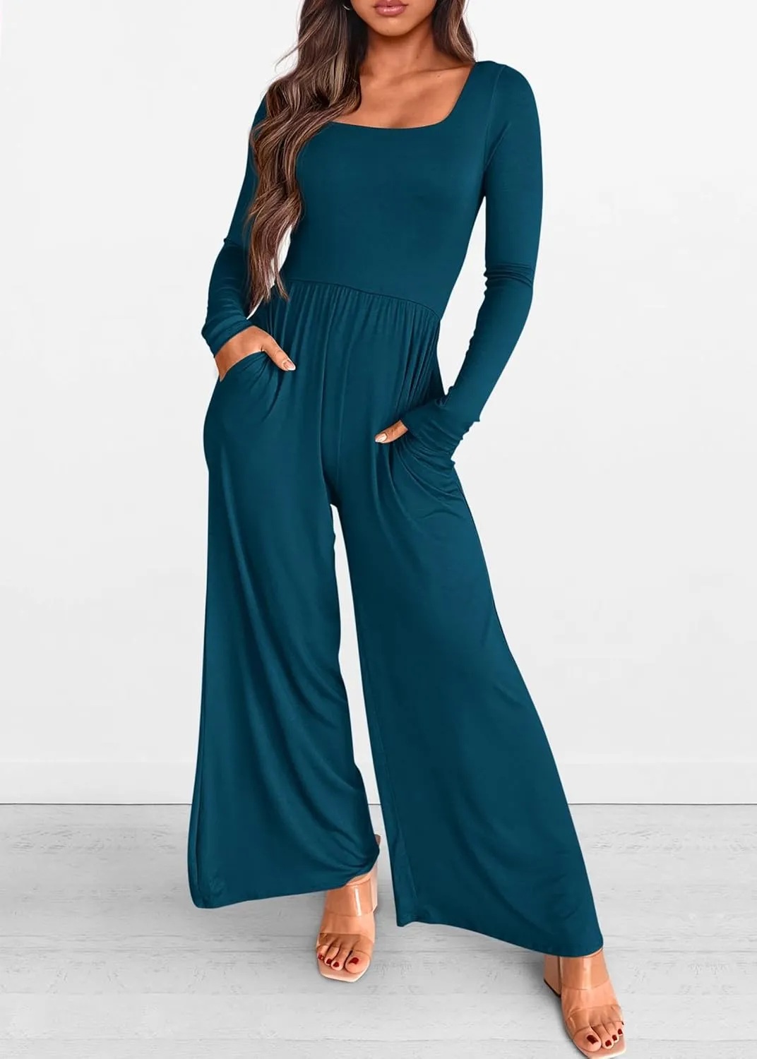 KIRUNDO Women's 2025 Spring Fashion Long Sleeve Wide Leg Jumpsuits Casual Dressy One Piece Square Neck Long Romper Pockets