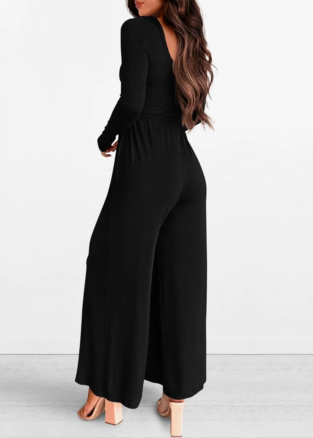 KIRUNDO Women's 2025 Spring Fashion Long Sleeve Wide Leg Jumpsuits Casual Dressy One Piece Square Neck Long Romper Pockets