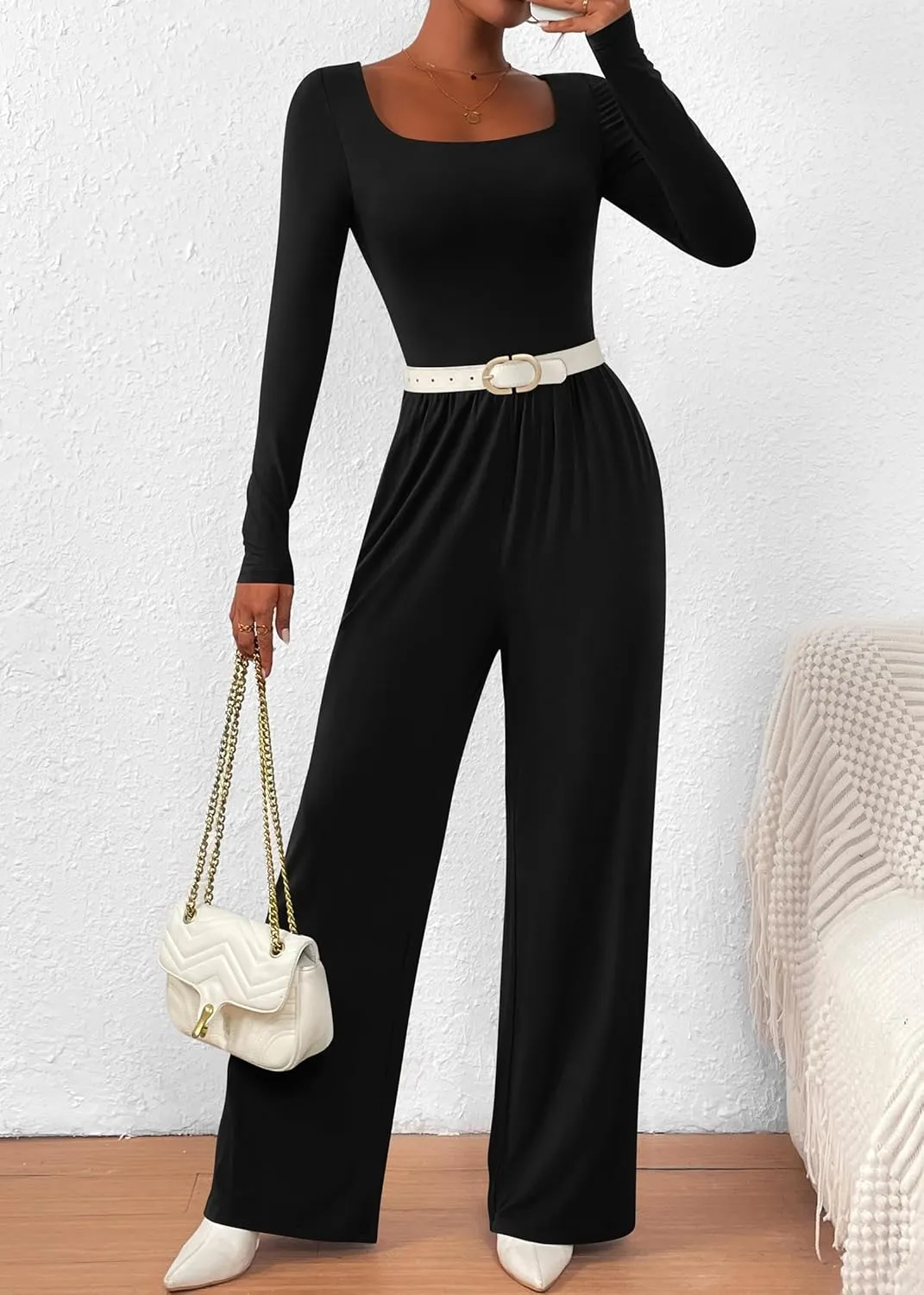 KIRUNDO Women's 2025 Spring Fashion Long Sleeve Wide Leg Jumpsuits Casual Dressy One Piece Square Neck Long Romper Pockets
