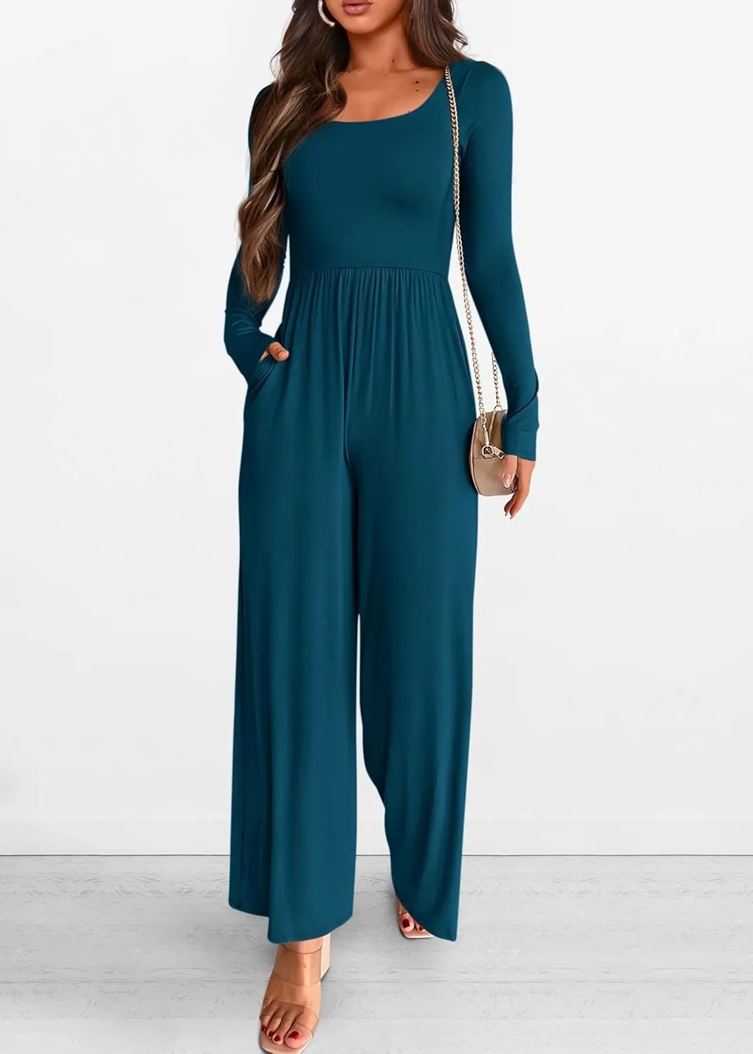 KIRUNDO Women's 2025 Spring Fashion Long Sleeve Wide Leg Jumpsuits Casual Dressy One Piece Square Neck Long Romper Pockets