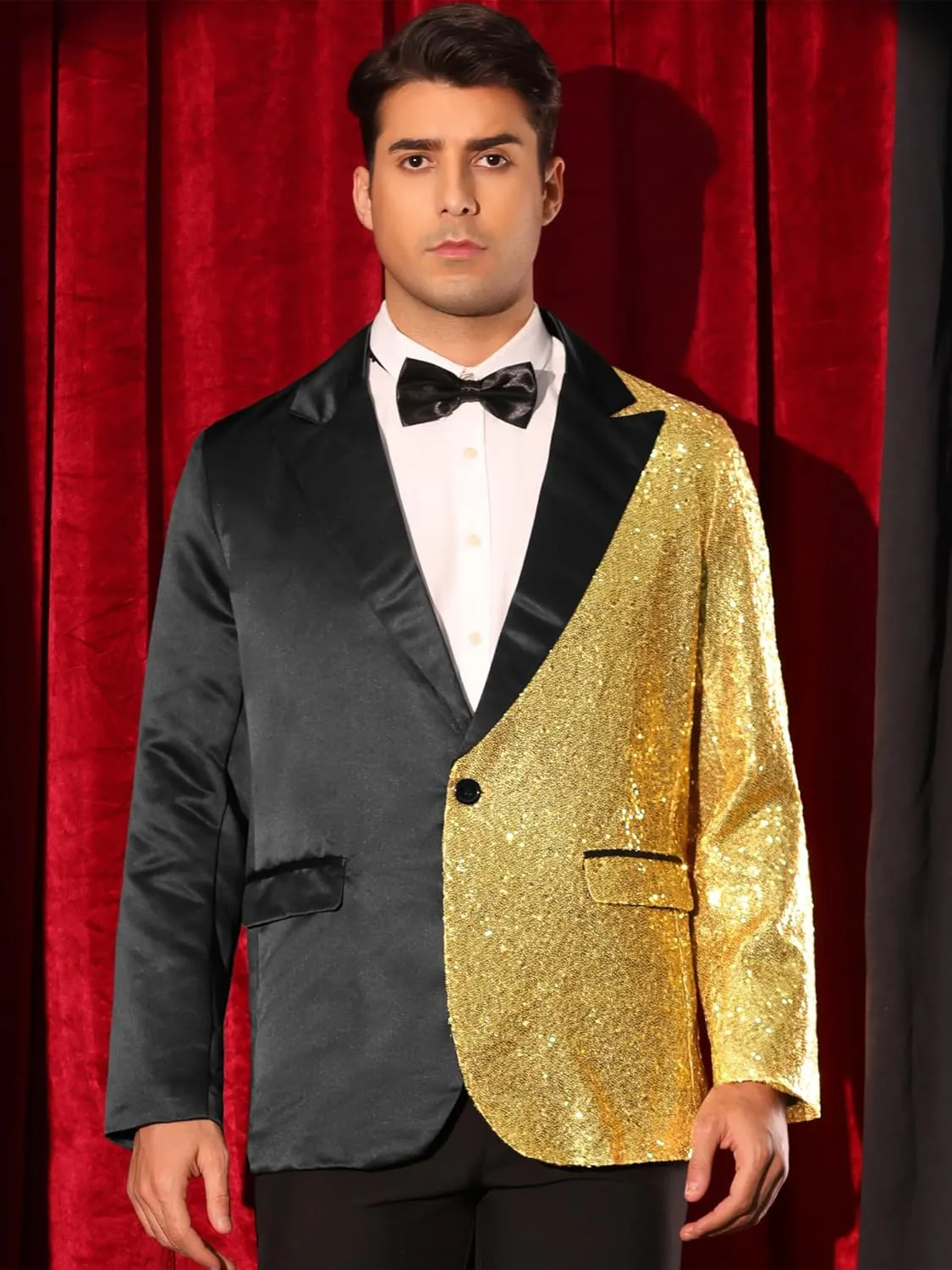 Lars Amadeus Sequin Blazers for Men's Color Block Peak Lapel Tuxedo Sparkly Patchwork Suit Jacket