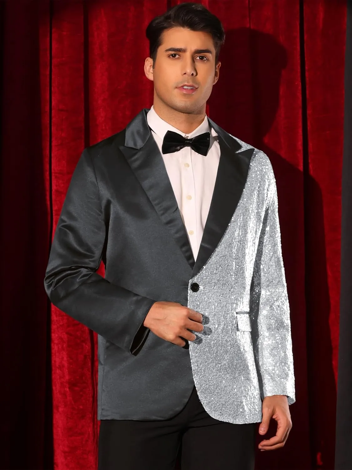 Lars Amadeus Sequin Blazers for Men's Color Block Peak Lapel Tuxedo Sparkly Patchwork Suit Jacket