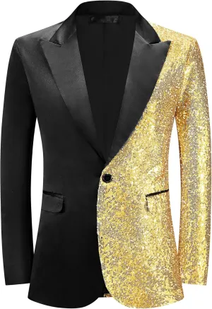 Lars Amadeus Sequin Blazers for Men's Color Block Peak Lapel Tuxedo Sparkly Patchwork Suit Jacket
