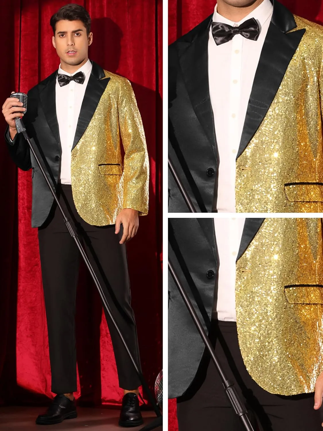 Lars Amadeus Sequin Blazers for Men's Color Block Peak Lapel Tuxedo Sparkly Patchwork Suit Jacket