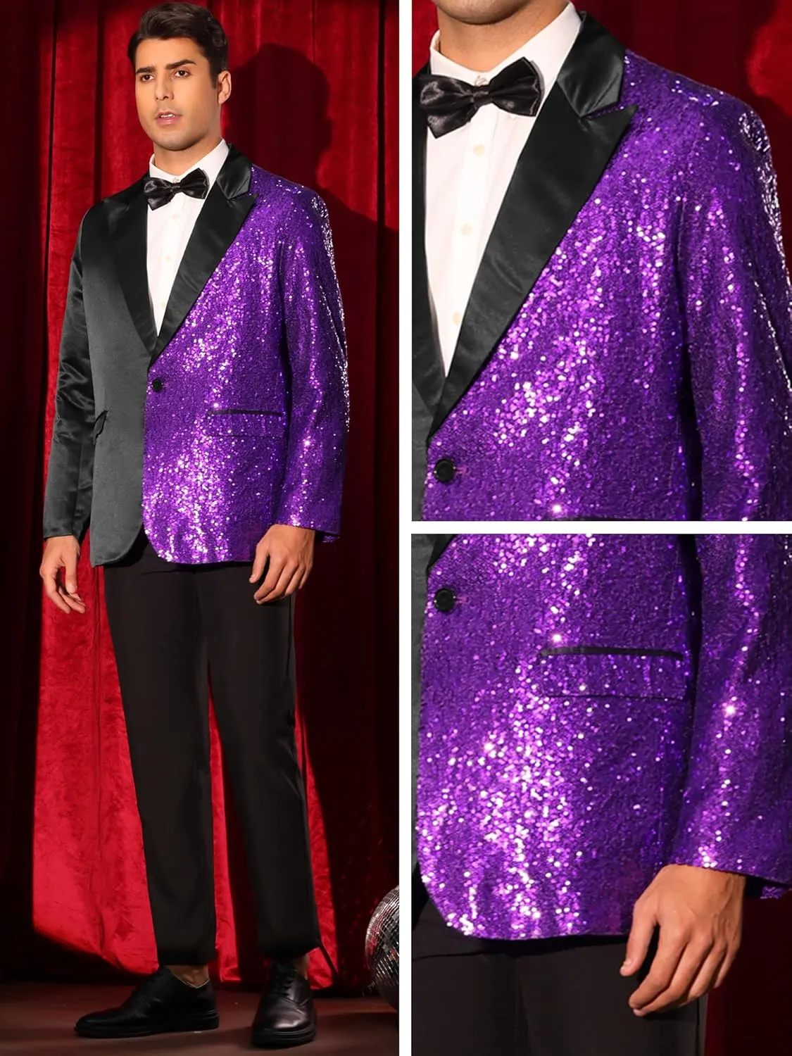 Lars Amadeus Sequin Blazers for Men's Color Block Peak Lapel Tuxedo Sparkly Patchwork Suit Jacket