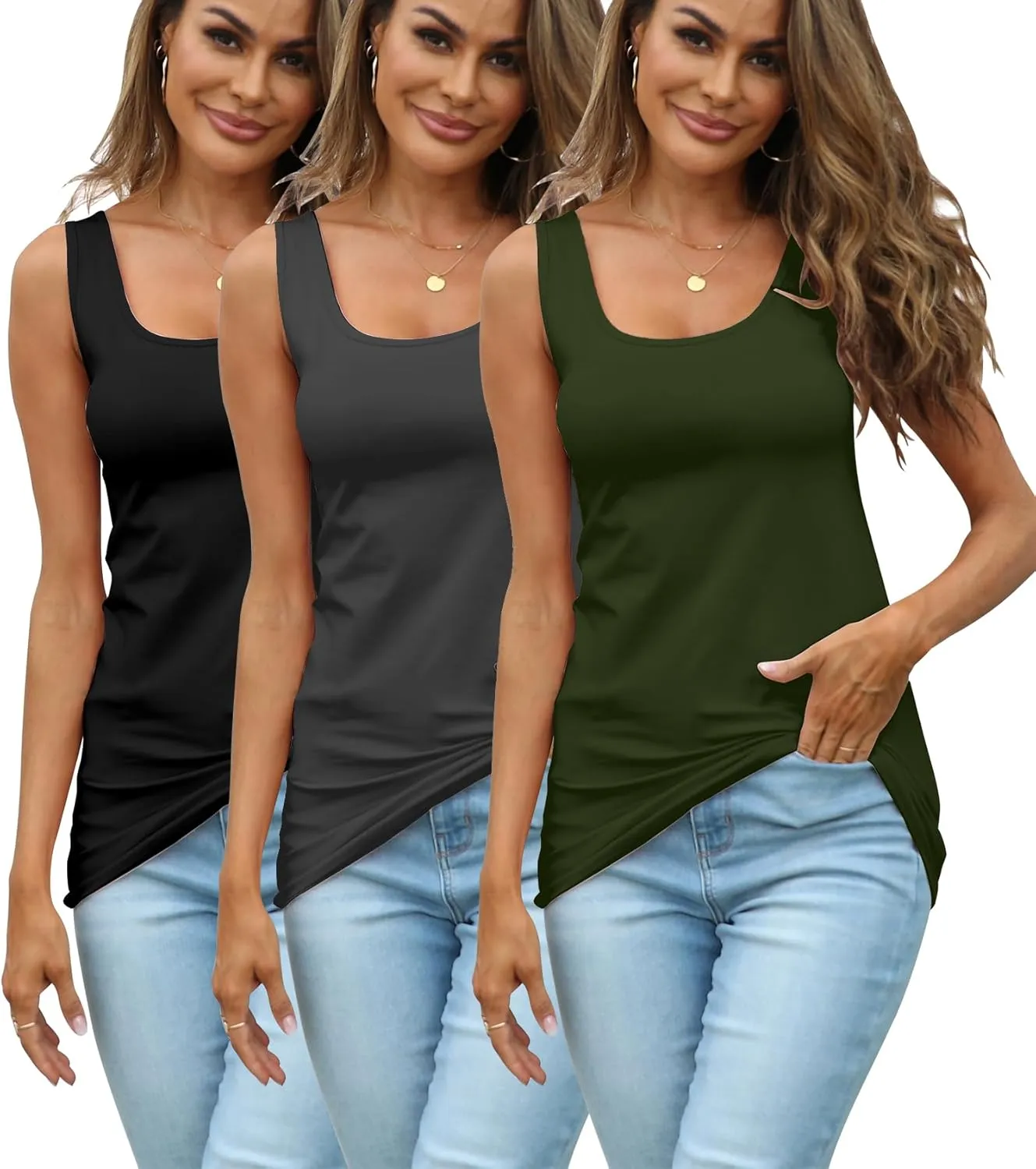 Long Tank Tops for Women Cotton Coamisoles Yoga Workout Shirts Tunic Sleeveless Layering Undershirts 3 Packs