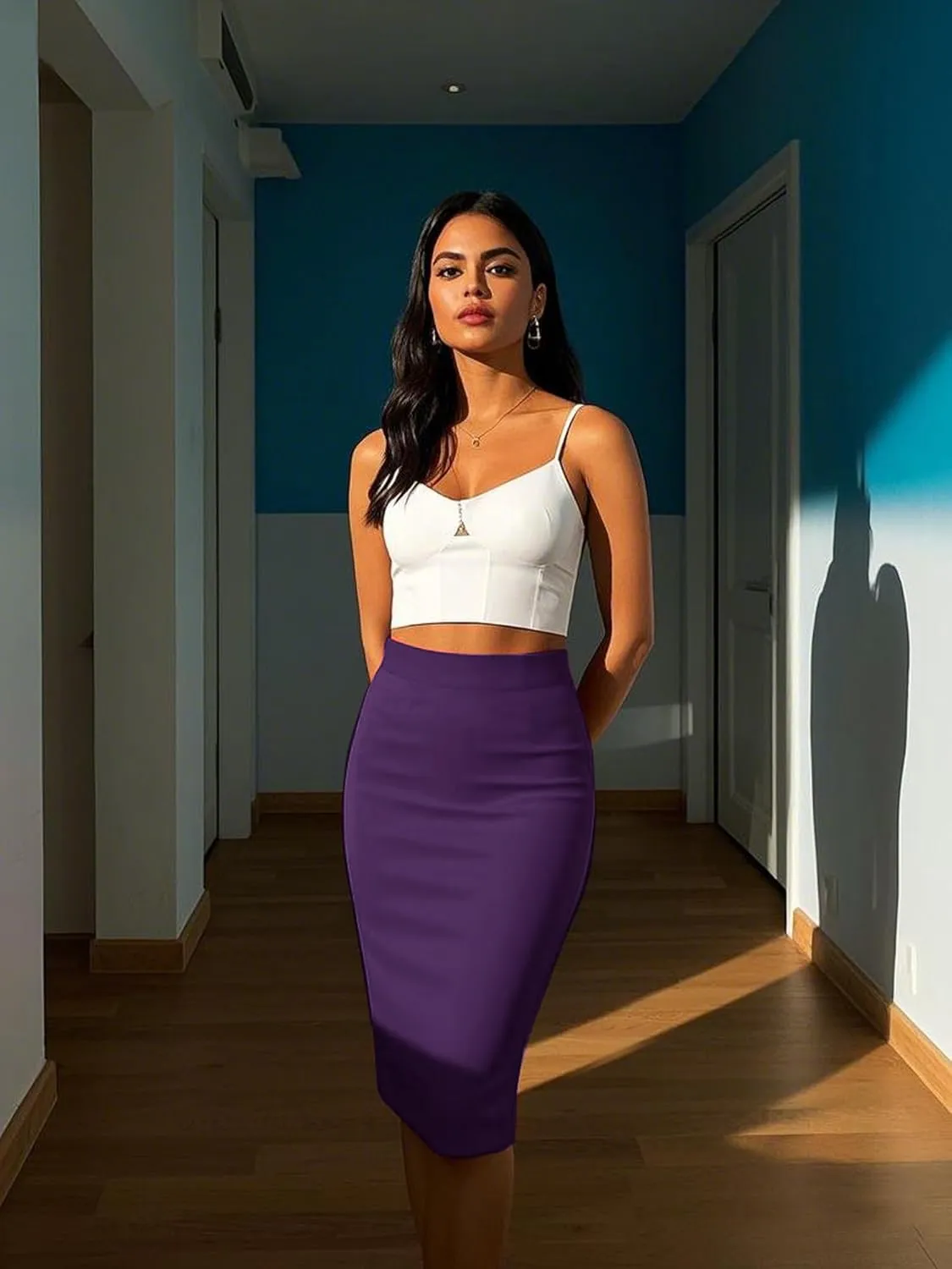 Made By Johnny Women's Premium Scuba Stretch High Waist Pencil Skirt Below Knee for Office Wear