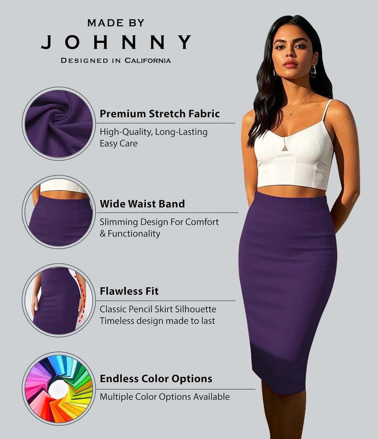 Made By Johnny Women's Premium Scuba Stretch High Waist Pencil Skirt Below Knee for Office Wear