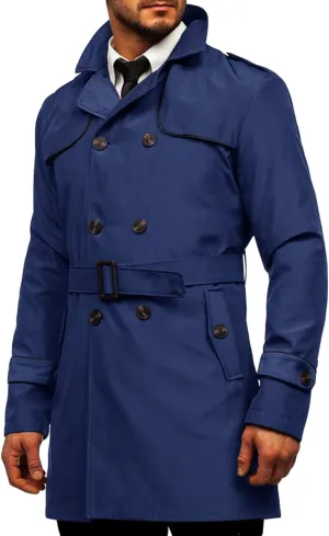 Makkrom Men's Trench Coat Slim fit Double Breasted Notched Lapel Belted Windbreaker Long Jacket Casual Windproof Overcoat