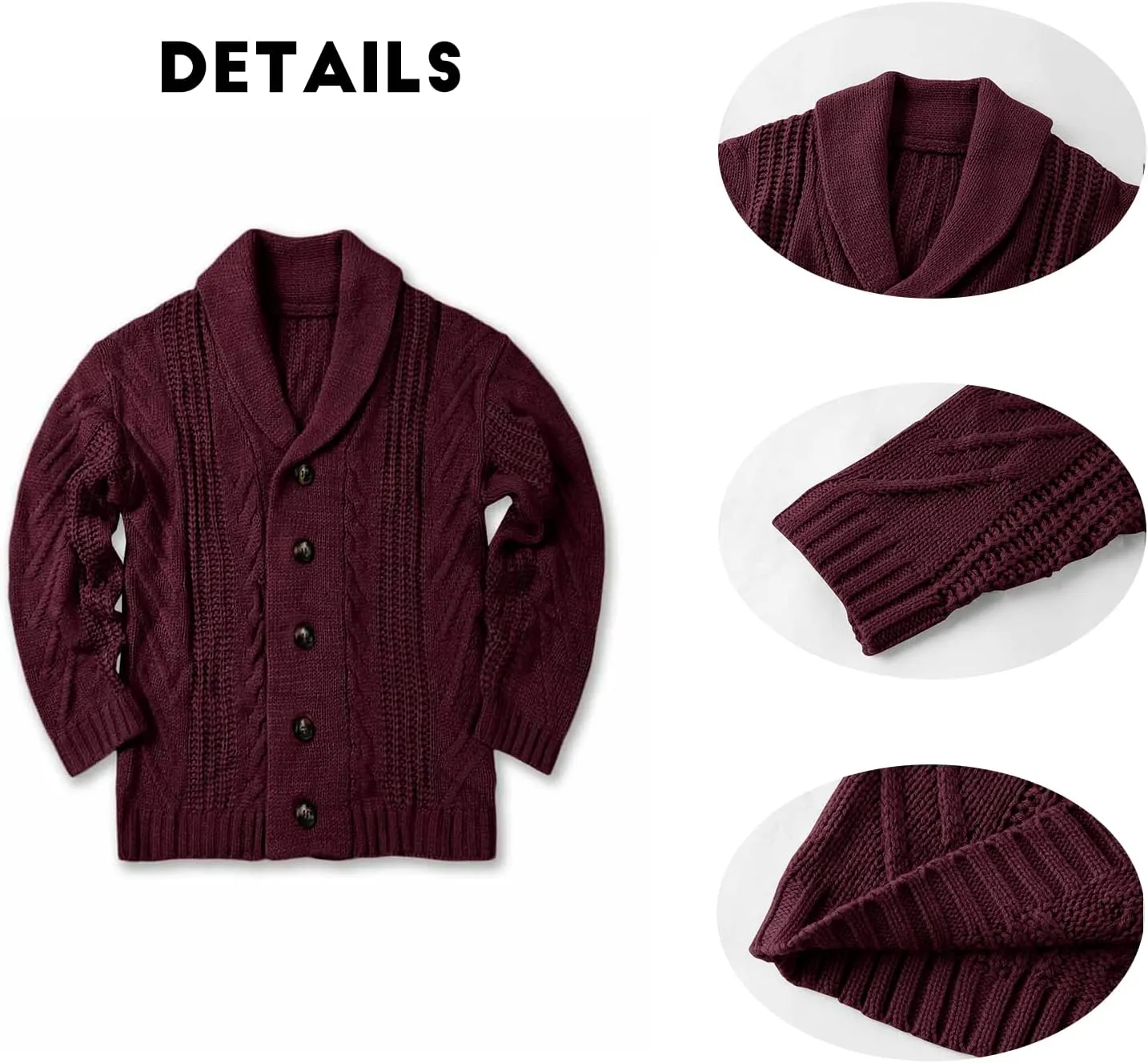 Mens Cable Knit Cardigan Sweater Shawl Collar Loose Fit Long Sleeve Casual Cardigans