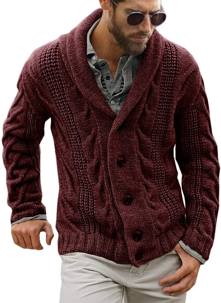 Mens Cable Knit Cardigan Sweater Shawl Collar Loose Fit Long Sleeve Casual Cardigans